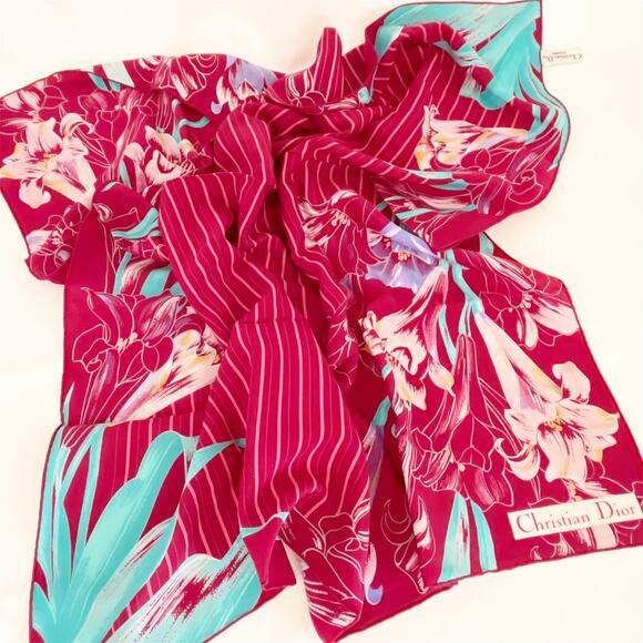 DIOR Vintage Floral Hawaiian Silk Scarf Burgundy Blue - Picture 4 of 8